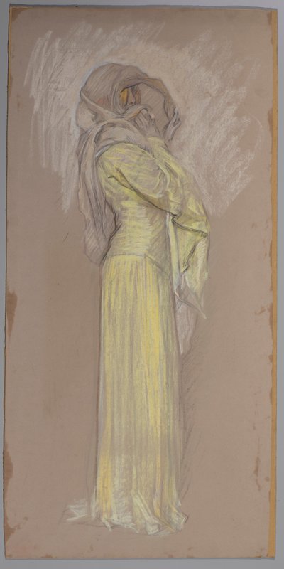 Tanulmány, Nő sárga ruhában, barna fátyollal az arcán alkotó: Edwin Austin Abbey