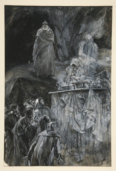 A bankett, illusztráció a III. felvonáshoz, III. jelenet, A vihar alkotó: Edwin Austin Abbey