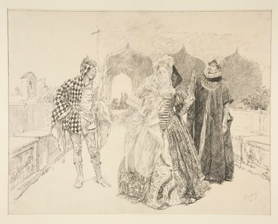 A bohóc és Malvolio, illusztráció az I. felvonáshoz, v. jelenet, Tizenkettedik éjszaka alkotó: Edwin Austin Abbey