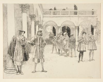 A palota udvara, a IV. felvonás ii. jelenetéből, Két veronai úriember alkotó: Edwin Austin Abbey
