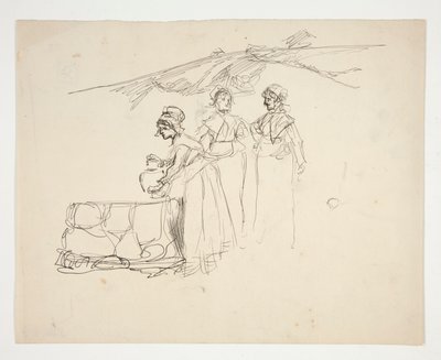 Három nő egy jól azonosítatlan illusztrációnál alkotó: Edwin Austin Abbey