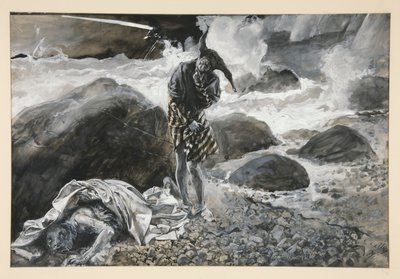 Trinculo és Caliban, illusztráció a II. felvonáshoz, ii. jelenet, A vihar alkotó: Edwin Austin Abbey