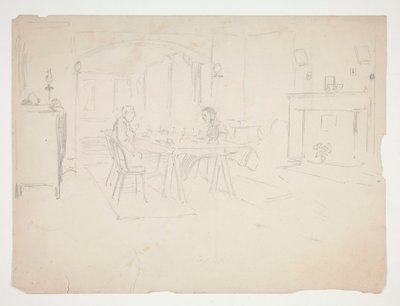 Két férfi asztalnál egy belső térben alkotó: Edwin Austin Abbey