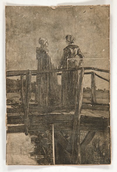 Cím nélküli fagravírozás: E.A. Két hölgy apátsága (?) egy fa gyaloghídon - illusztráció William Black számára alkotó: Edwin Austin Abbey
