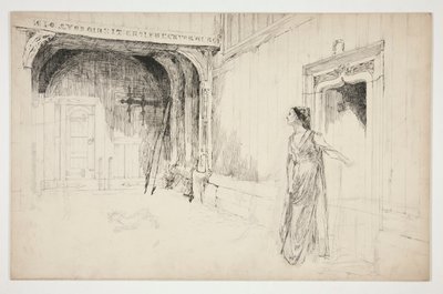 Nő és kutya egy belső térben - (azonosítatlan illusztráció egy színdarabhoz?) alkotó: Edwin Austin Abbey