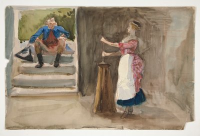 Nő vajat kavar, férfi forradalmi ruhában néz - (azonosítatlan illusztráció) alkotó: Edwin Austin Abbey