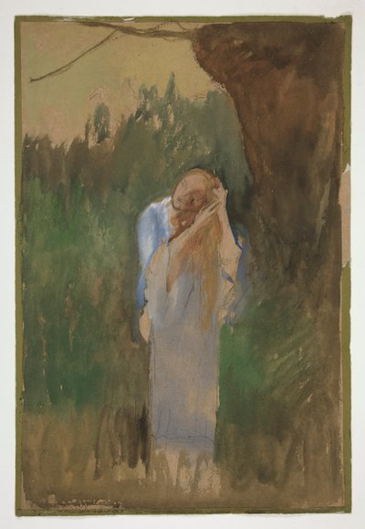 Tájképben álló nő, hosszú, szőke haját fésülve – (azonosítatlan illusztráció) alkotó: Edwin Austin Abbey