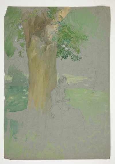 Nő ül egy fa alatt és olvas alkotó: Edwin Austin Abbey