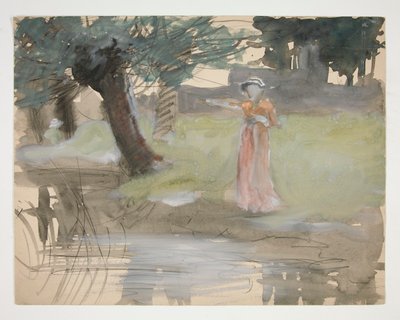 Nő állt a folyóparton - azonosítatlan illusztráció alkotó: Edwin Austin Abbey