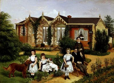 Alma Cottage 1874. Családi portré egy vidéki ház előtti kertben. Edwin Frederick Holt festménye (19. század, 1910 körül brit) Magántulajdon. alkotó: Edwin Frederick Holt