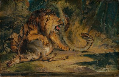 Oroszlán védi zsákmányát, c. 1840. alkotó: Edwin Henry Landseer