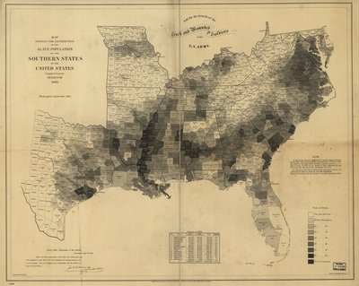 Az 1860-as népszámlálás alapján összeállított térkép az Egyesült Államok déli államai rabszolgapopulációjának megoszlását alkotó: Edwin Hergesheimer