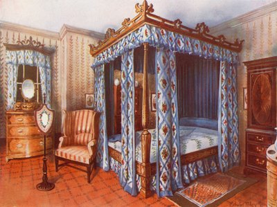 Hepplewhite hálószoba. Chintz-függönyös berakásos szaténfa ágy. Intarziás szaténfa öltözőláda és mahagóni gardrób alkotó: Edwin John Foley
