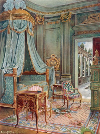 Faragott és aranyozott drapériás kupolás ágy. Bureau-Toilette (vagy Petit Secretaire) Marqueterie-ben. Cartonnier zöld lakk színben alkotó: Edwin John Foley