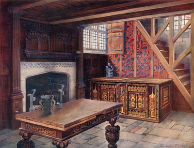 Intarziás Nonesuch láda. Faragott „rajz” asztal, Shibden Hall. Faragott kéménydarab Chiddingstone-ban. A legkorábbi angol tapéta a Borden Hallban alkotó: Edwin John Foley