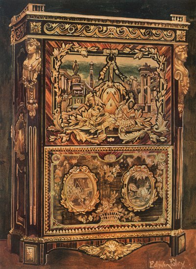 Különböző erdőkből kirakott, álló titkár, öntött, hajszolt és aranyozott bronz veretekkel alkotó: Edwin John Foley