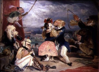 West End Fair: Majmok és kutyák fellépnek a színpadon (olaj a panelen) alkotó: Edwin Landseer