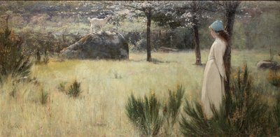 A fiatal pásztorlány és a kecskéje a tavaszi legelőn alkotó: Edwin Sherwood Calvert