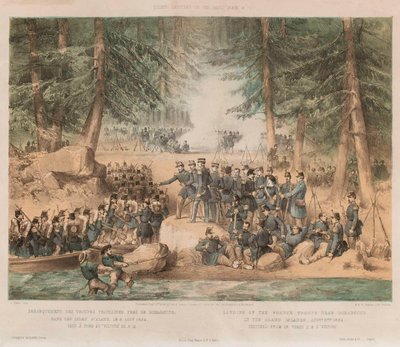 A francia csapatok partraszállása Bomarsund közelében, az Aland-szigeteken, 1854. augusztus 8. (kőnyomat, színezett) alkotó: Edwin Thomas (after) Dolby
