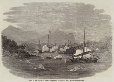 A HM Gun-Boat Flamer hajói kínai kalózszeméteket semmisítenek meg a Cho-Kee-öbölben alkotó: Edwin Weedon
