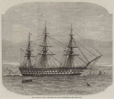HMS Bombay, amelyet nemrégiben tűz pusztított el Montevideóban alkotó: Edwin Weedon