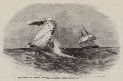 Őfelsége Nautilus nevű hajója, W. T. Rivers parancsnok, egy csónakot küld a Horatio Brig legénységének megmentésére. alkotó: Edwin Weedon