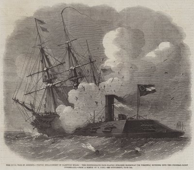 A polgárháború Amerikában, haditengerészet a Hampton Roadson, a konföderációs vaslemezes Merrimac (vagy Virginia) gőzhajó befut a szövetségi Sloop Cumberlandbe alkotó: Edwin Weedon