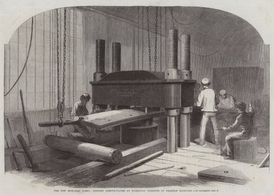 Az új vasborítású flotta hidraulikus nyomással hajlítja a páncéllemezeket a Chatham Dockyardban alkotó: Edwin Weedon