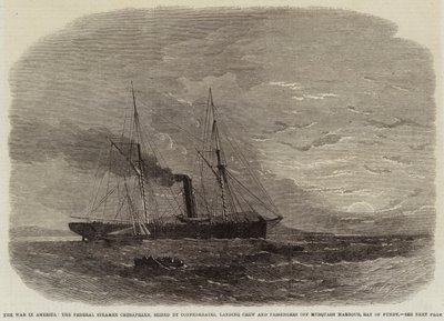 Az amerikai háború, a szövetségi Chesapeake gőzös, amelyet a konföderációsok lefoglaltak, a legénység és az utasok partra szállása a Musquash kikötőnél, a Fundy-öbölben. alkotó: Edwin Weedon