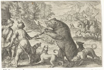 Táj medvevadászattal Vadászjelenetek (sorozat címe) Icones Venantum Species Varias Representantes (sorozat címe) alkotó: Egbert Jansz.