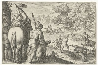 Táj vaddisznó vadászattal Vadászjelenetek (sorozat címe) Icones Venantum Species Varias Representantes (sorozat címe) alkotó: Egbert Jansz.