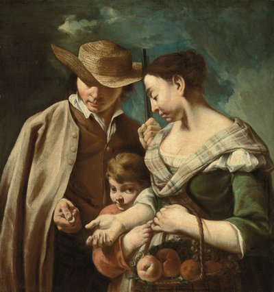Gyümölcsárus és egy fiatal fiú, kosárnyi őszibarackkal, körtével és szőlővel, tájképben, kezében pisztolyt és érmét tartó férfi, 1705-84 körül (olaj, vászon). alkotó: Egidio (attr.to) Dall
