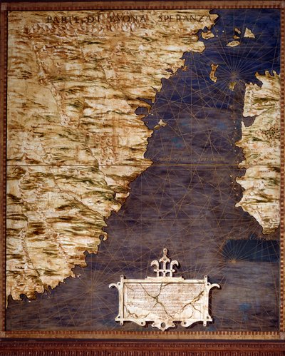 Dél-Afrika és a Good Esperance-fok térképét Egnazio Danti (1536-1586) matematikus, kozmográfus és olasz építész készítette. 1567 körül. Firenze, Palazzo Vecchio, Sala del Mappamondo alkotó: Egnazio Danti