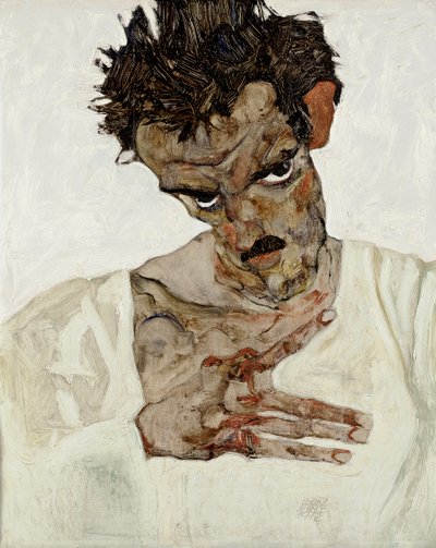 Önarckép lehajtott fejjel. Egon Schiele (1890-1918) festménye, olaj, fa alkotó: Egon Schiele