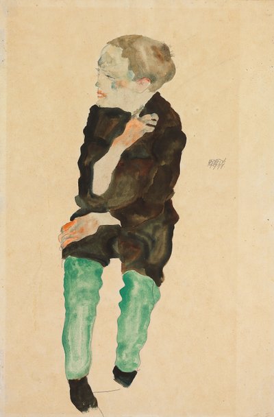 Fiú zöld harisnyával; Bub mit grunen Strumpfen, 1911 alkotó: Egon Schiele