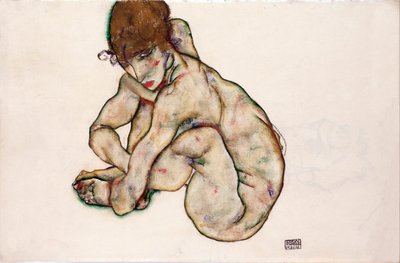 Guggoló akt lány - Schiele, Egon (1890-1918) - 1914 - Fekete kréta, gouache papíron - 31,5x48,2 - Leopold Múzeum, Bécs alkotó: Egon Schiele