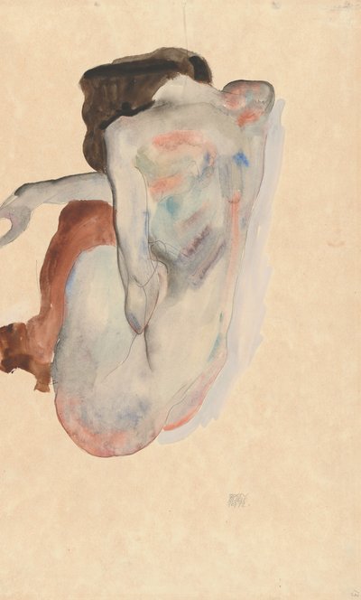 Guggoló akt cipőben és fekete harisnyában, Hátulnézet, 1912. alkotó: Egon Schiele