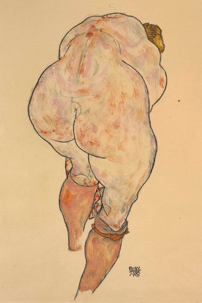 Női akt felhúzó harisnya, hátulnézet, 1918. alkotó: Egon Schiele