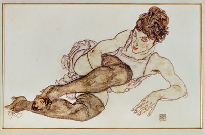 Nő barna harisnyával - Woman ... (gouache és fekete zsírkréta) alkotó: Egon Schiele