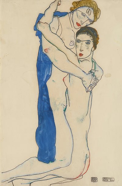 Barátnő, rózsaszín-kék. 1913 alkotó: Egon Schiele