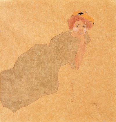 Lány olíva színű ruhában, megtámasztott karral; Nő olajbogyó ruhában, felemelt karral alkotó: Egon Schiele