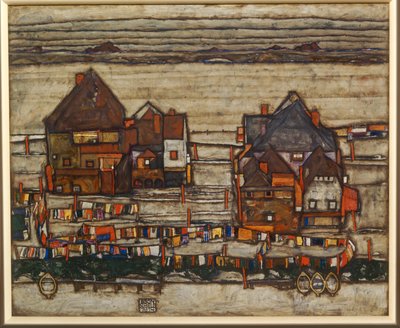Házak és színes mosoda, külváros, két háztömbnyi ház is mosósorral ... alkotó: Egon Schiele