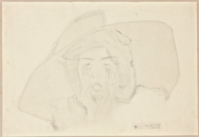 Egy kiabáló fiatal nő feje, nagy kalappal, álla kézzel megtámasztva alkotó: Egon Schiele