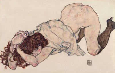 Térdelő lány, mindkét könyökén nyugszik, 1917 alkotó: Egon Schiele