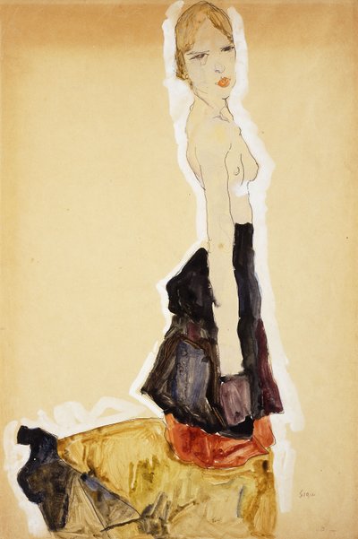 Térdelő lány spanyol szoknyával; Térdelő lány spanyol szoknyában, 1911 alkotó: Egon Schiele