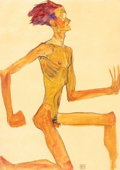 Térdelő meztelen férfi, profilban jobbra alkotó: Egon Schiele