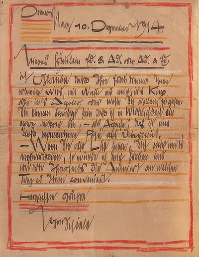 Egon Schiele művészi kivitelű levele Edith és Adele Harms nővéreknek 1914. december 10-én alkotó: Egon Schiele