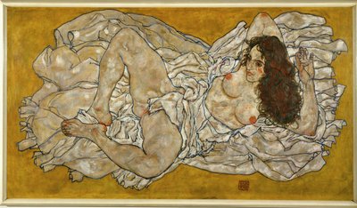 Liegende Frau. Fekvő nő (olaj, vászon) alkotó: Egon Schiele