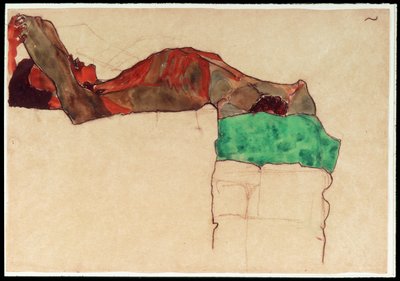 Fekvő férfiakt zöld ruhával [Reclining Male Nude with Green Cloth] (akvarell és szén) alkotó: Egon Schiele