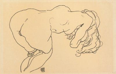 Hosszú hajú akt, előre dőlve, hátulnézet; Langhaariger Akt, vornubergebeugt, Ruckenansicht, 1918 alkotó: Egon Schiele